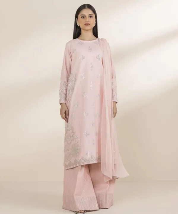 Clearance Sapphire 3 Piece - Embroidered Chambray Suit Light PinkDupatta