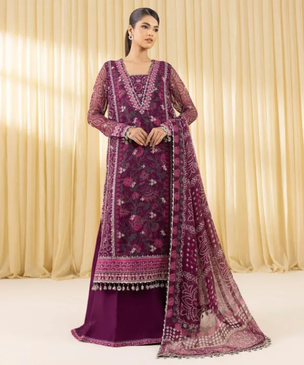 Discount Sapphire 3 Piece - Embroidered Chiffon Suit MagentaDupatta