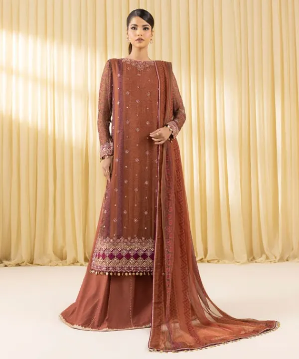 New Sapphire 3 Piece - Embroidered Chiffon Suit RustDupatta