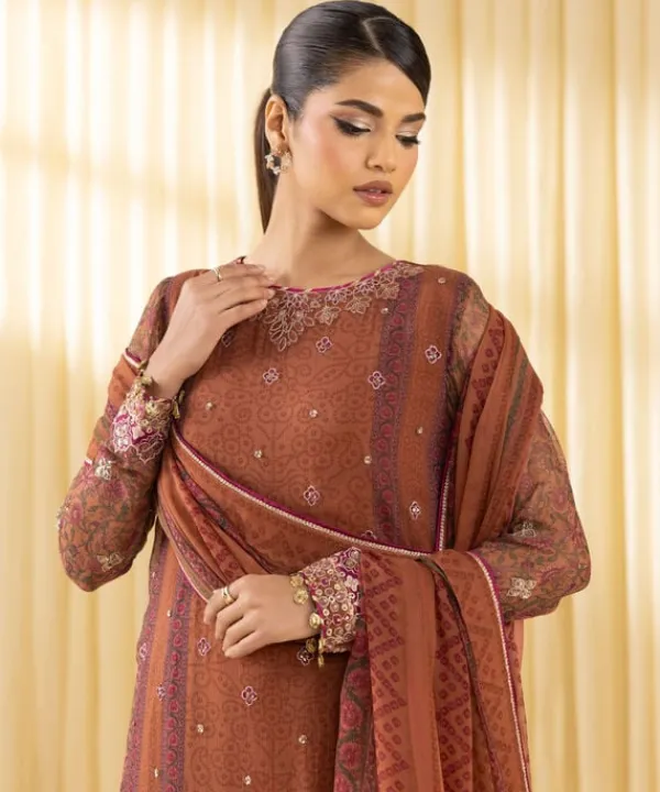New Sapphire 3 Piece - Embroidered Chiffon Suit RustDupatta