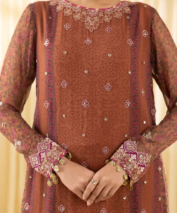 New Sapphire 3 Piece - Embroidered Chiffon Suit RustDupatta