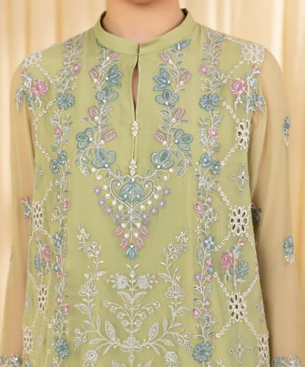 Hot Sapphire 3 Piece - Embroidered Chiffon Suit Bronze YellowDupatta