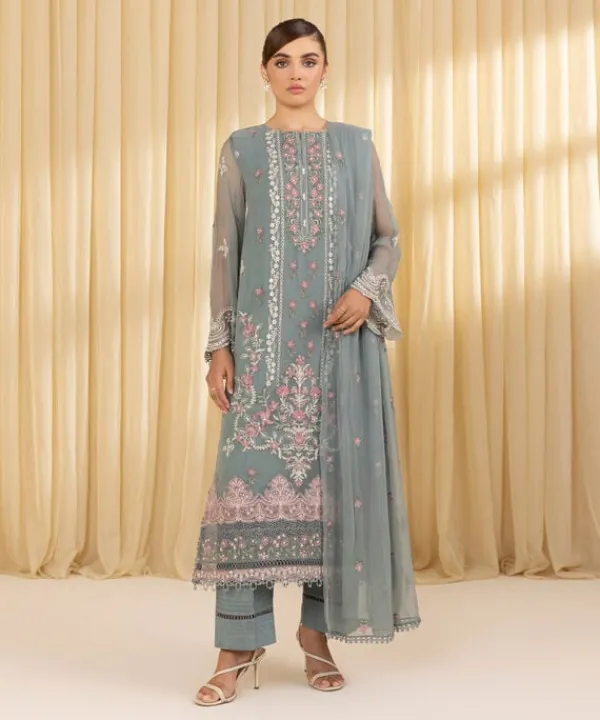 Sale Sapphire 3 Piece - Embroidered Chiffon Suit GreyDupatta