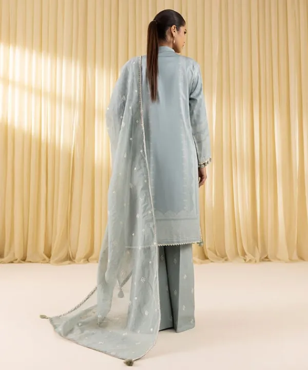 Fashion Sapphire 3 Piece - Embroidered Cotton Satin Suit AquaDupatta