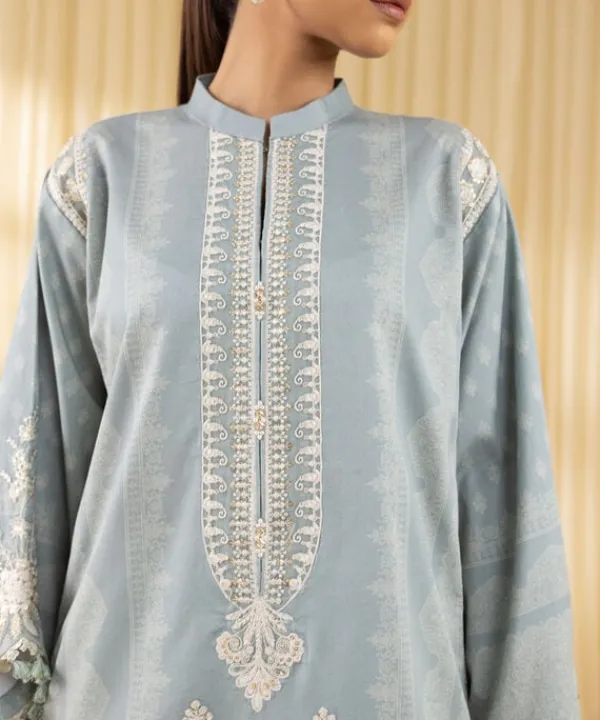 Fashion Sapphire 3 Piece - Embroidered Cotton Satin Suit AquaDupatta
