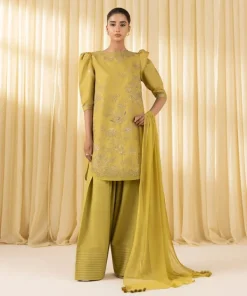 Fashion Sapphire 3 Piece - Embroidered Cotton Satin Suit MustardDupatta