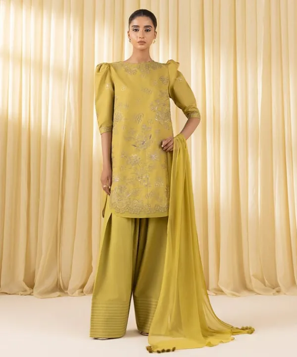 Fashion Sapphire 3 Piece - Embroidered Cotton Satin Suit MustardDupatta