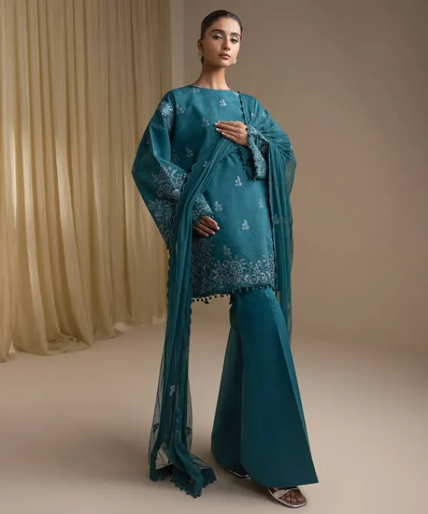 Online Sapphire 3 Piece - Embroidered Cotton Jacquard Suit Teal GreenDupatta