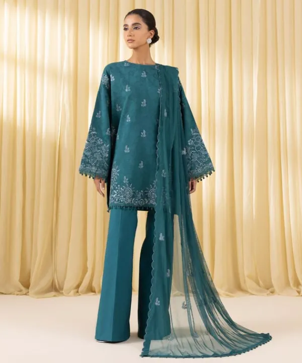 Online Sapphire 3 Piece - Embroidered Cotton Jacquard Suit Teal GreenDupatta