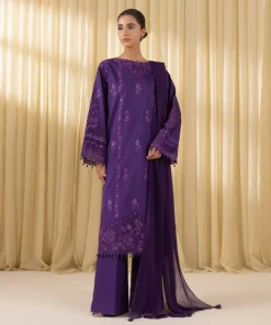 Clearance Sapphire 3 Piece - Embroidered Cotton Satin Suit PurpleDupatta