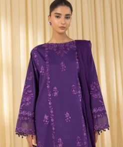 Clearance Sapphire 3 Piece - Embroidered Cotton Satin Suit PurpleDupatta