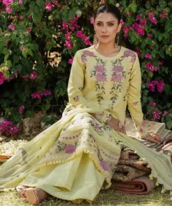 Clearance Sapphire 3 Piece - Embroidered Cotton Satin Suit Light YellowDupatta