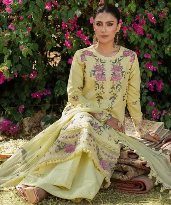 Clearance Sapphire 3 Piece - Embroidered Cotton Satin Suit Light YellowDupatta