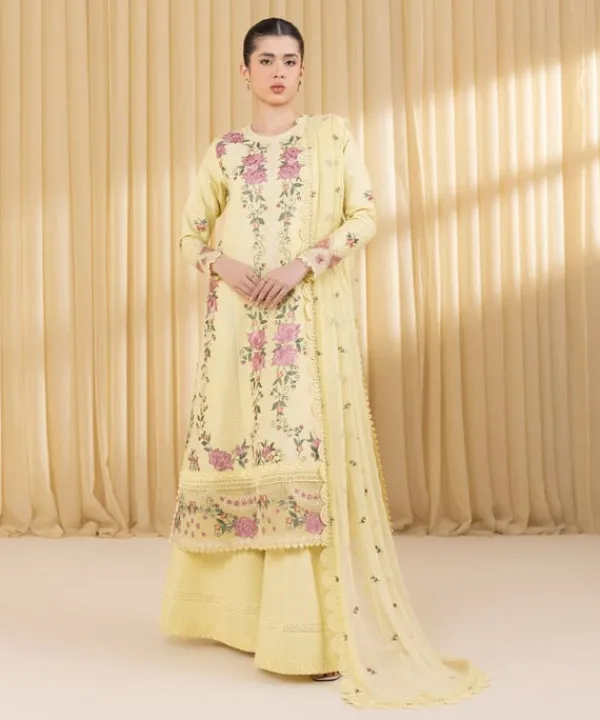 Clearance Sapphire 3 Piece - Embroidered Cotton Satin Suit Light YellowDupatta