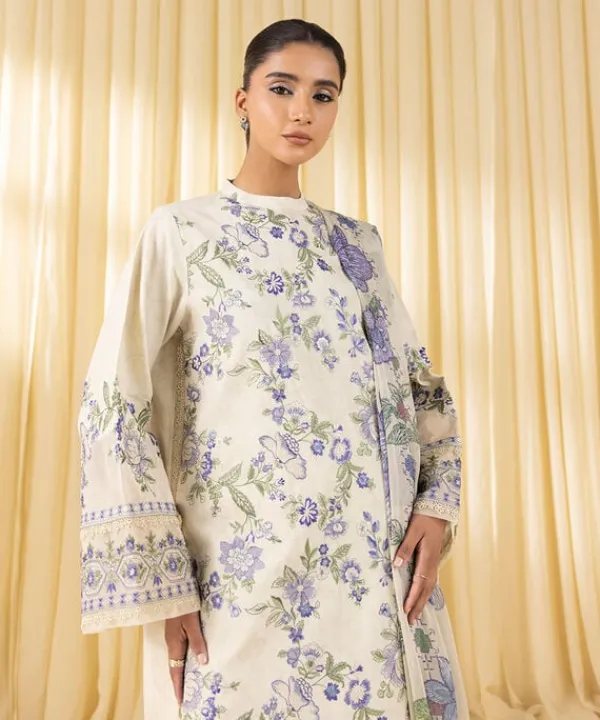 Best Sapphire 3 Piece - Embroidered Cotton Jacquard Suit Off WhiteDupatta