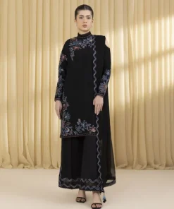 Hot Sapphire 3 Piece - Embroidered Cotton Jacquard Suit BlackDupatta