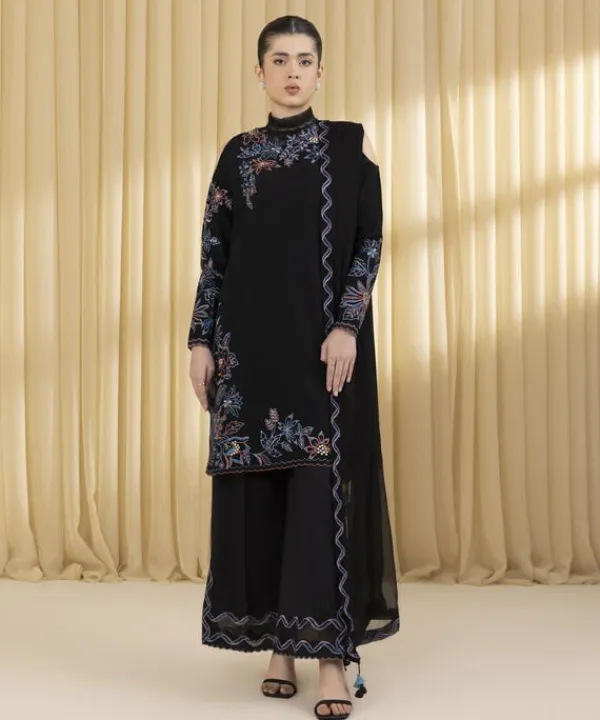 Hot Sapphire 3 Piece - Embroidered Cotton Jacquard Suit BlackDupatta