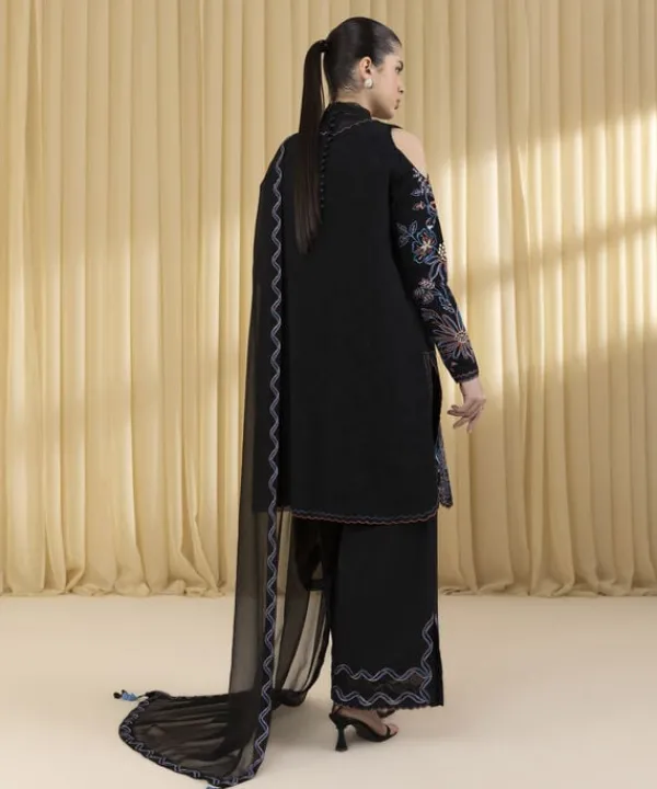 Hot Sapphire 3 Piece - Embroidered Cotton Jacquard Suit BlackDupatta