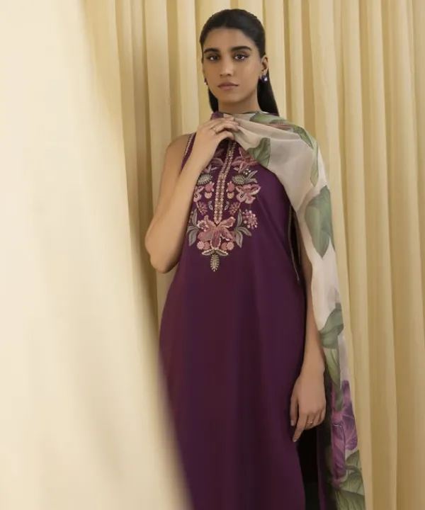 Outlet Sapphire 3 Piece - Embroidered Crosshatch Suit MagentaDupatta