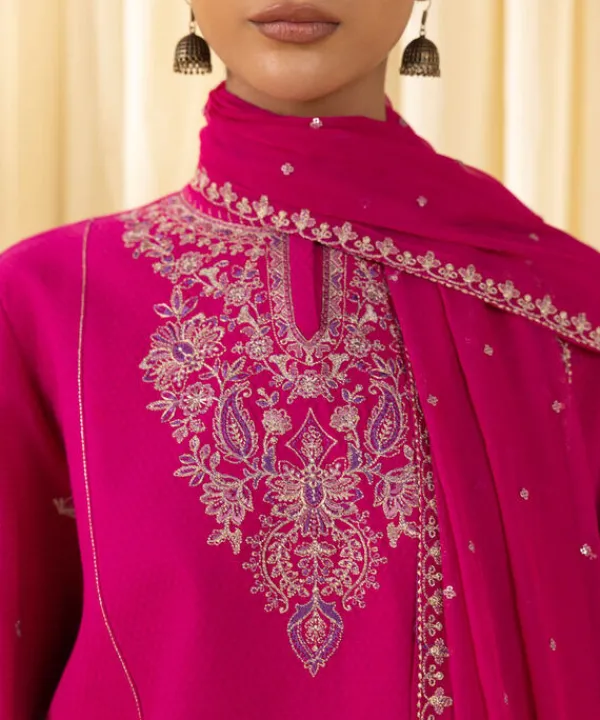 Outlet Sapphire 3 Piece - Embroidered Dobby Suit Hot PinkDupatta