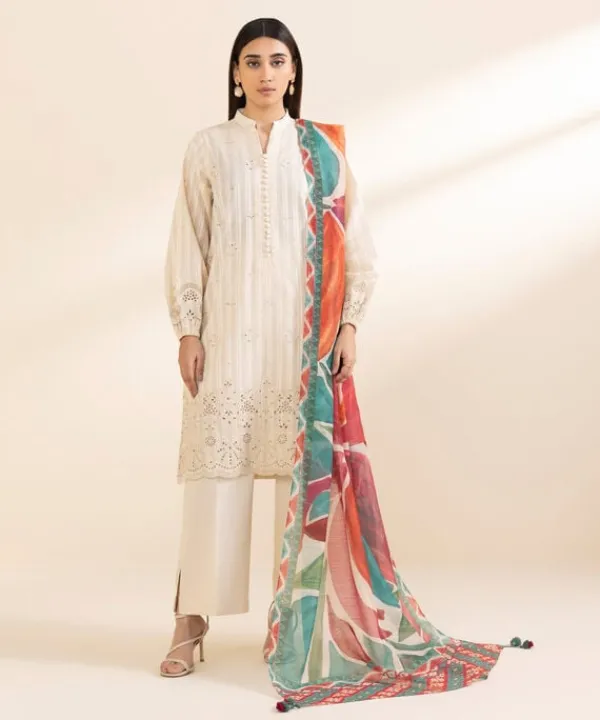 Hot Sapphire 3 Piece - Embroidered Dobby Suit Off WhiteDupatta