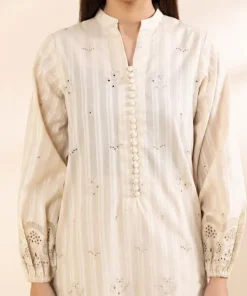 Hot Sapphire 3 Piece - Embroidered Dobby Suit Off WhiteDupatta