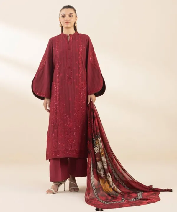 Sale Sapphire 3 Piece - Embroidered Dobby Suit RedDupatta