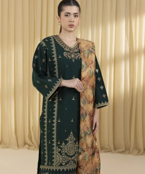 Sale Sapphire 3 Piece - Embroidered Dobby Suit GreenDupatta