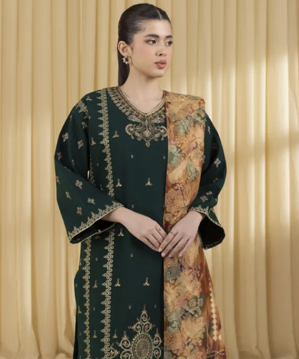 Sale Sapphire 3 Piece - Embroidered Dobby Suit GreenDupatta