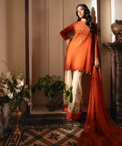 Hot Sapphire 3 Piece - Embroidered Dobby Suit OrangeDupatta