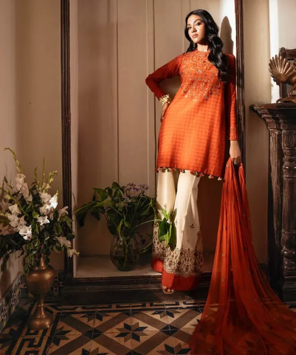 Hot Sapphire 3 Piece - Embroidered Dobby Suit OrangeDupatta