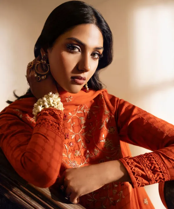 Hot Sapphire 3 Piece - Embroidered Dobby Suit OrangeDupatta