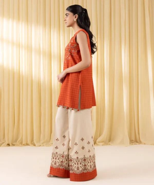 Hot Sapphire 3 Piece - Embroidered Dobby Suit OrangeDupatta