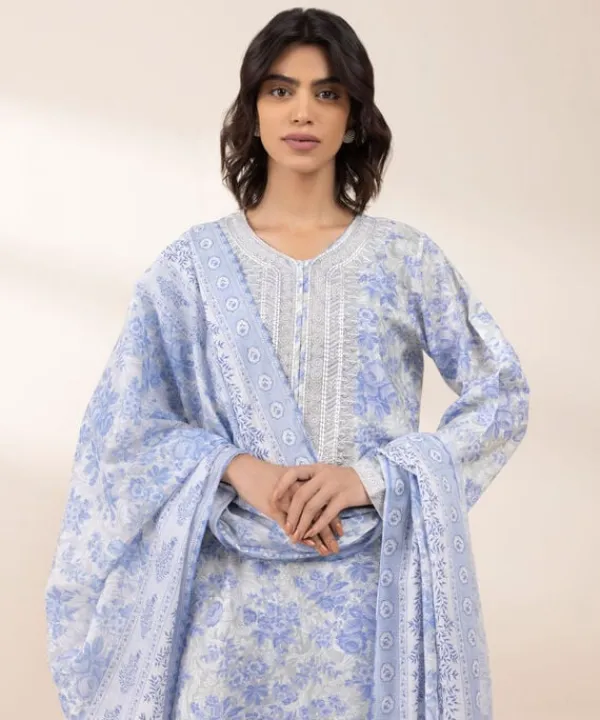 Online Sapphire 3 Piece - Embroidered Lawn Suit Off White And Light BlueDupatta