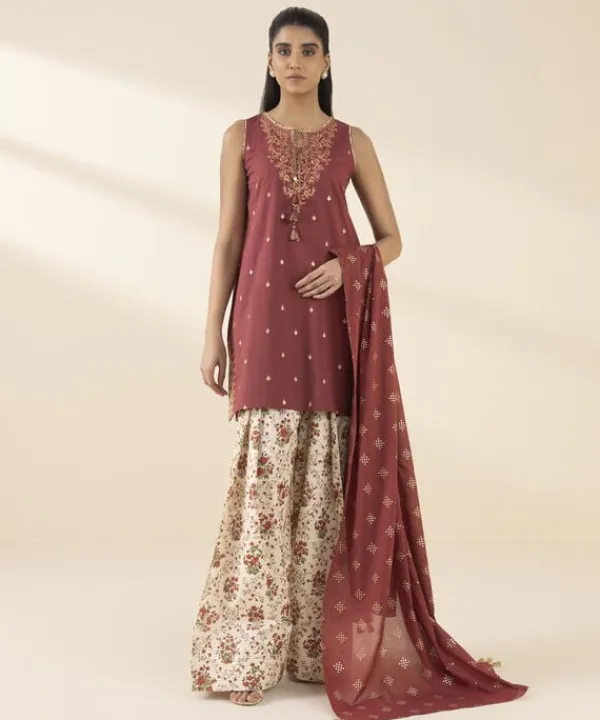 Fashion Sapphire 3 Piece - Embroidered Lawn Suit MaroonDupatta