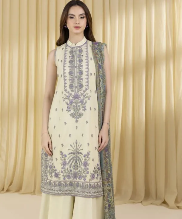 Discount Sapphire 3 Piece - Embroidered Lawn Suit Off WhiteDupatta