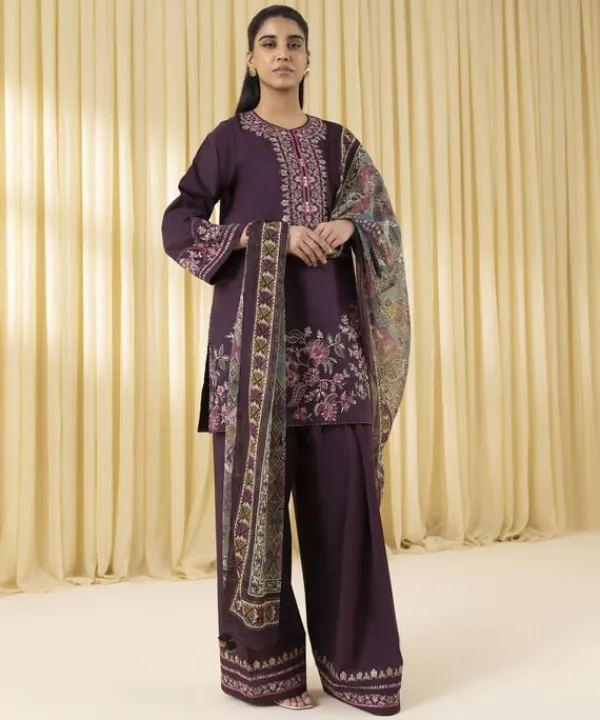 Online Sapphire 3 Piece - Embroidered Lawn Suit Dark PurpleDupatta
