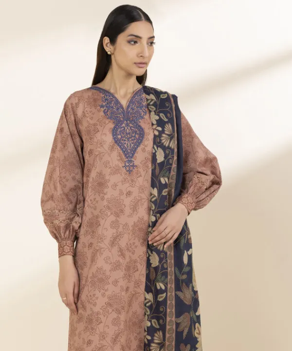 Hot Sapphire 2 Piece - Embroidered Lawn Suit Dark BeigeDupatta