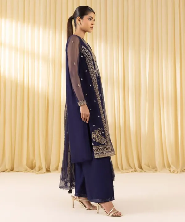 Outlet Sapphire 3 Piece - Embroidered Net Suit Navy BlueDupatta