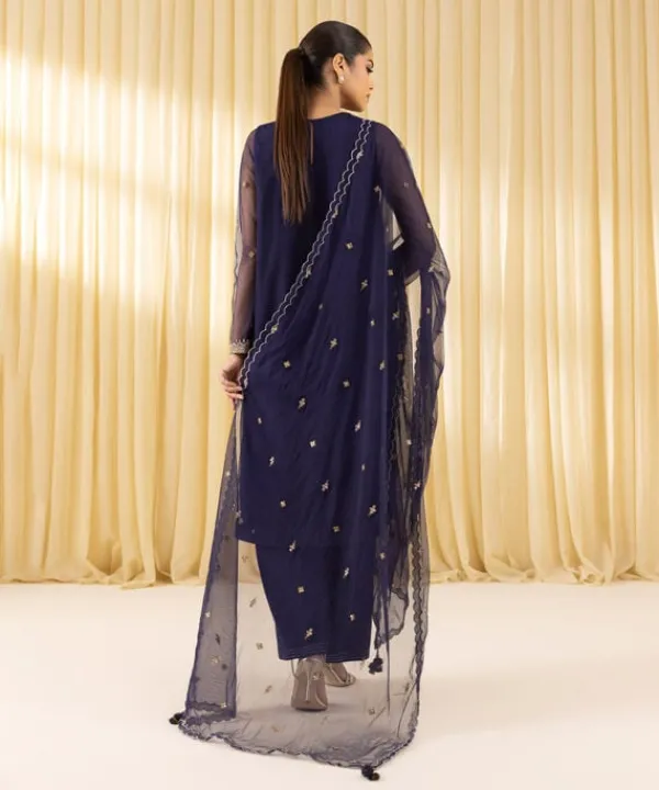 Outlet Sapphire 3 Piece - Embroidered Net Suit Navy BlueDupatta