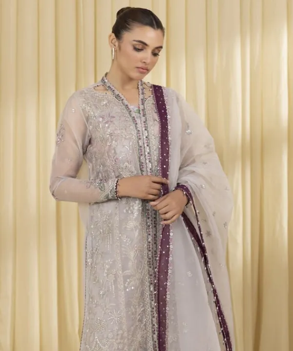 Best Sapphire 3 Piece - Embroidered Organza Suit GreyDupatta