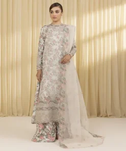 Best Sapphire 3 Piece - Embroidered Organza Suit Off White & PinkDupatta