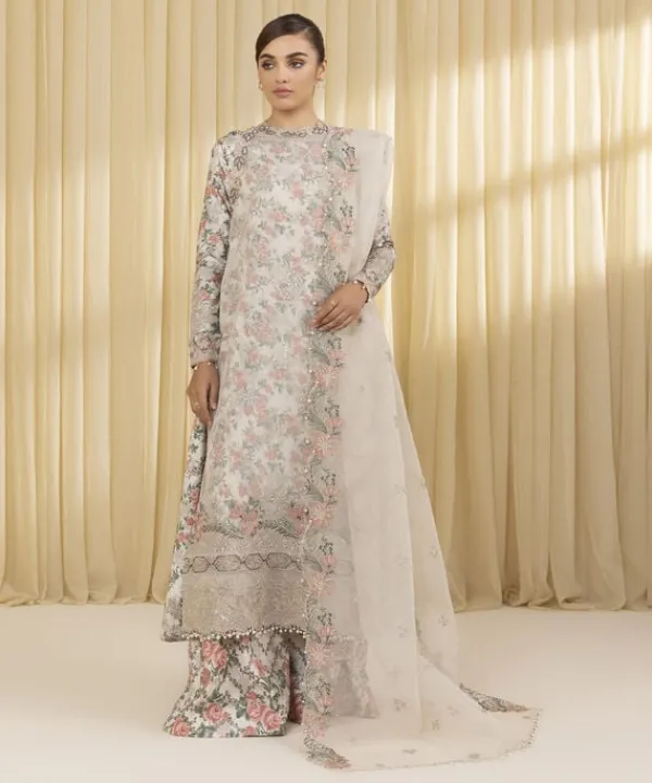 Best Sapphire 3 Piece - Embroidered Organza Suit Off White & PinkDupatta