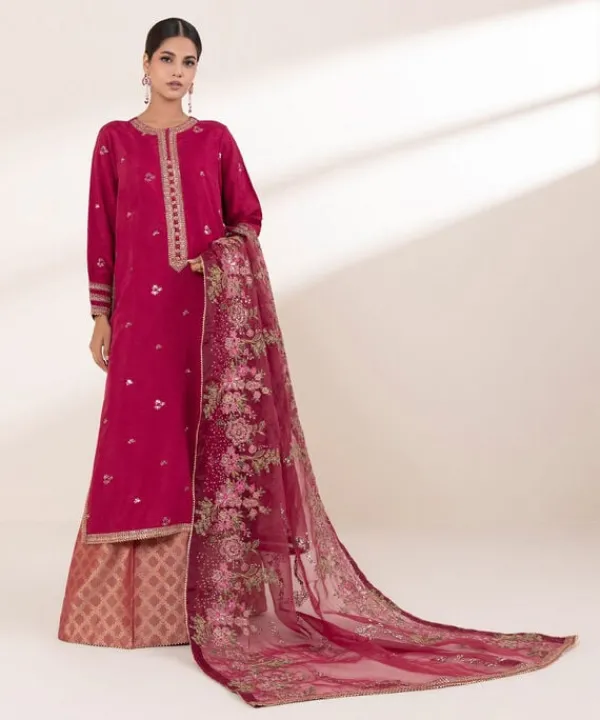Fashion Sapphire 3 Piece - Embroide Raw Silk Suit Red