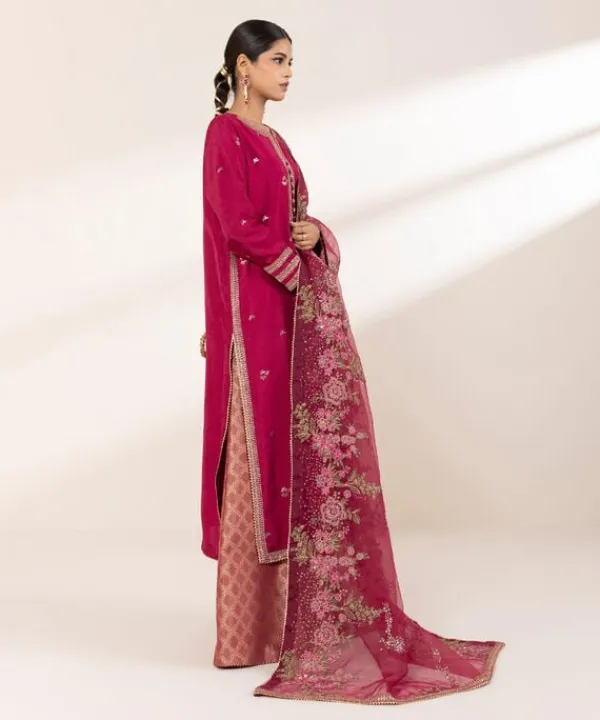 Fashion Sapphire 3 Piece - Embroide Raw Silk Suit Red