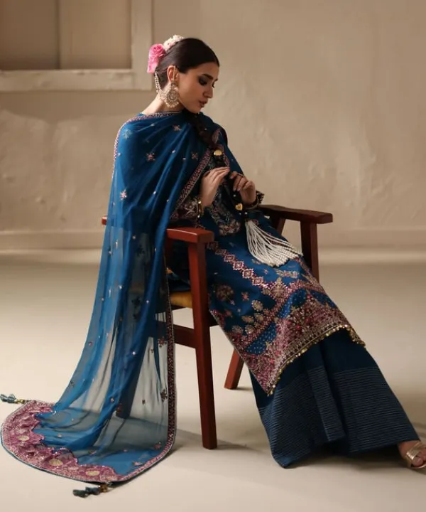Clearance Sapphire 3 Piece - Embroidered Raw Silk Suit Teal BlueDupatta