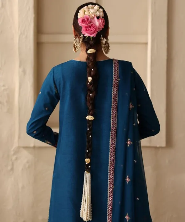 Clearance Sapphire 3 Piece - Embroidered Raw Silk Suit Teal BlueDupatta
