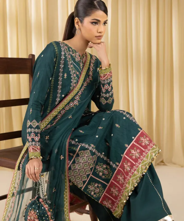Outlet Sapphire 3 Piece - Embroidered Raw Silk Suit GreenDupatta