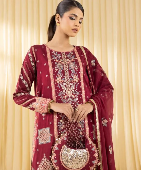 Outlet Sapphire 3 Piece - Embroidered Raw Silk Suit MaroonDupatta