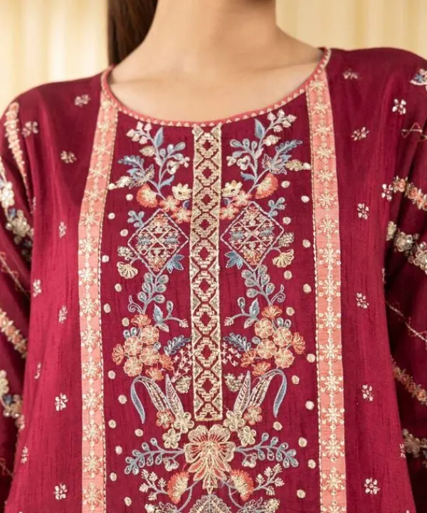 Outlet Sapphire 3 Piece - Embroidered Raw Silk Suit MaroonDupatta